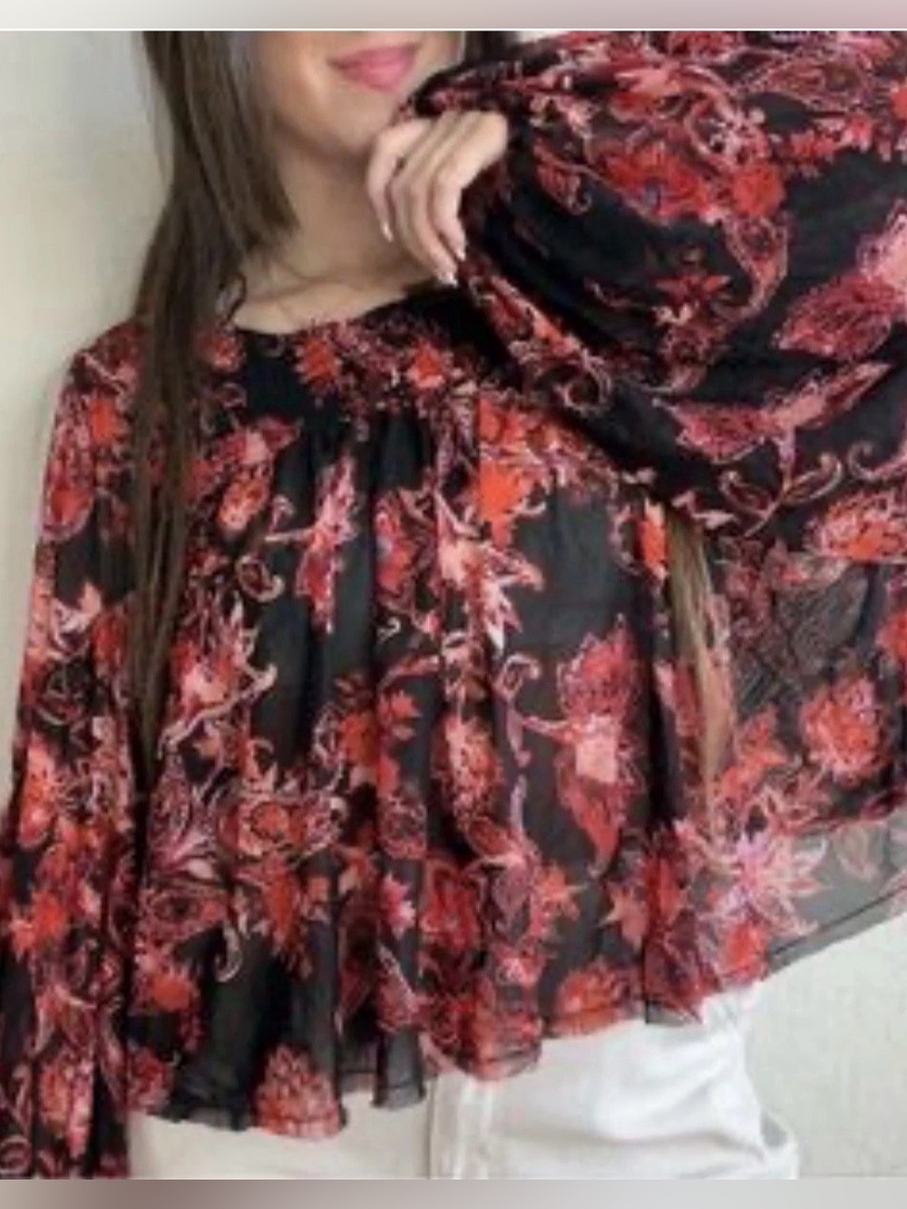 Free People Black Floral Peasant Blouse with Red Print